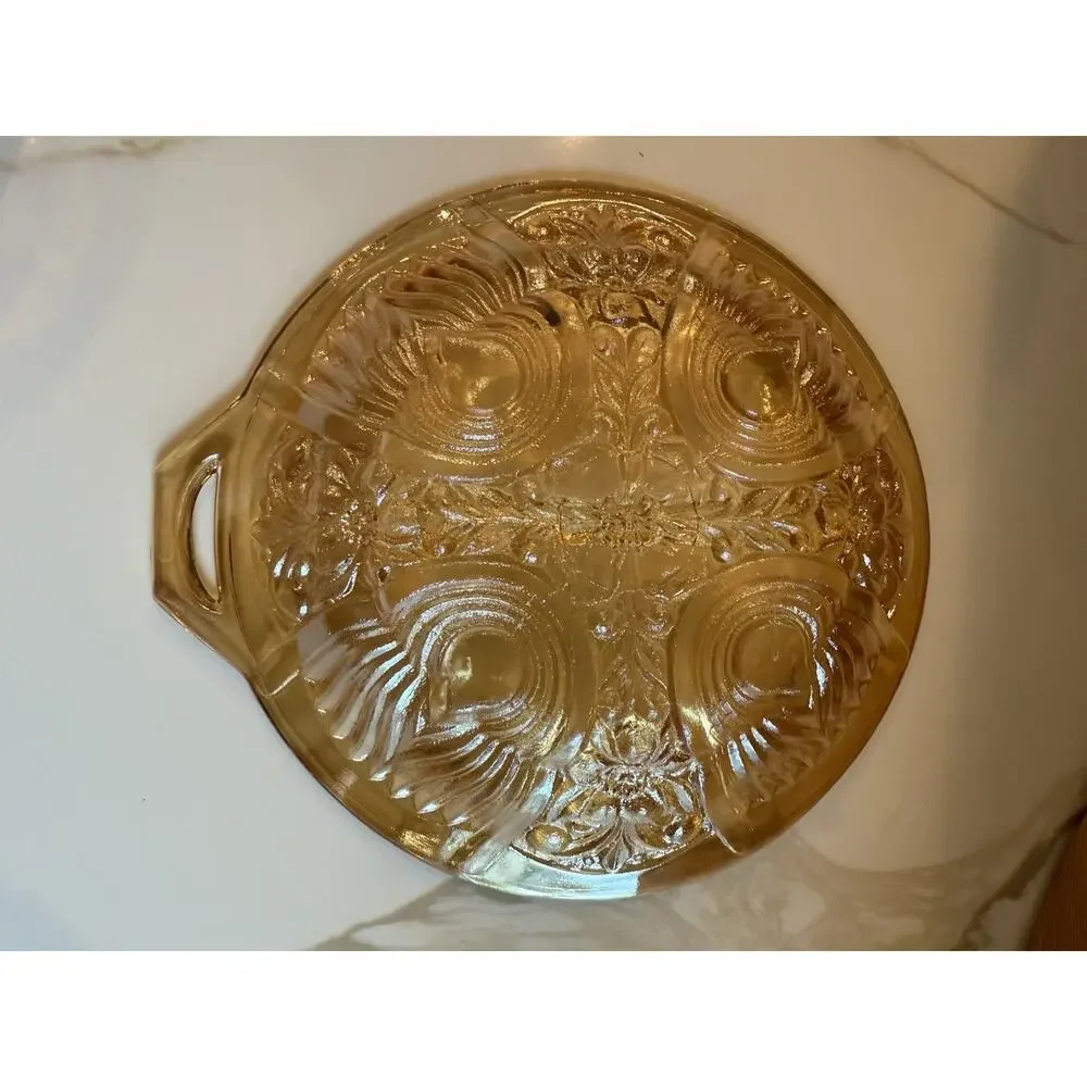 Vintage Indiana Glass Iridescent Amber Killarney Divided Relish Dish Handle